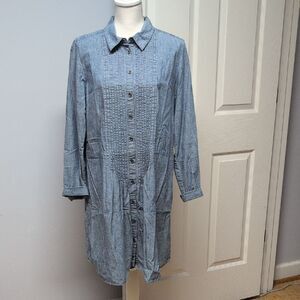 J. Jill Blue Denim 100% Cotton Button Down Pleated Front Shirt Dress Size L